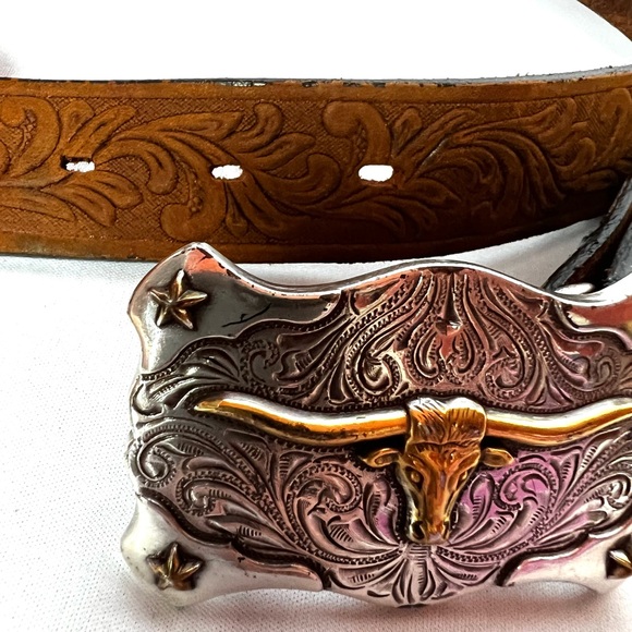 Tony Lama Western Tooled Leather Belt Longhorn Buckle Made in USA Size 26